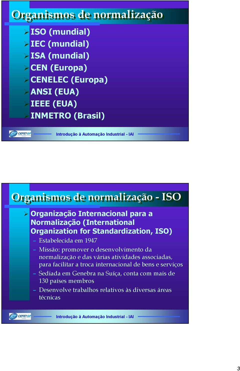 Estabelecida em 1947 Missão: promover o desenvolvimento da normalização e das várias atividades associadas, para facilitar a troca