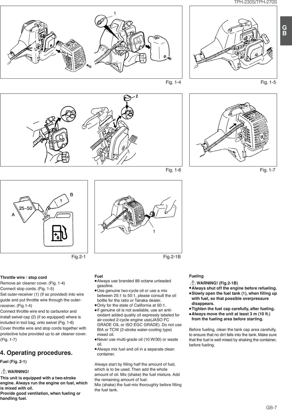 -6) Cover throttle wire and stop cords together with protective tube provided up to air cleaner cover. (Fig. -7) 4. Operating procedures. Fuel (Fig. 2-) WARNING!