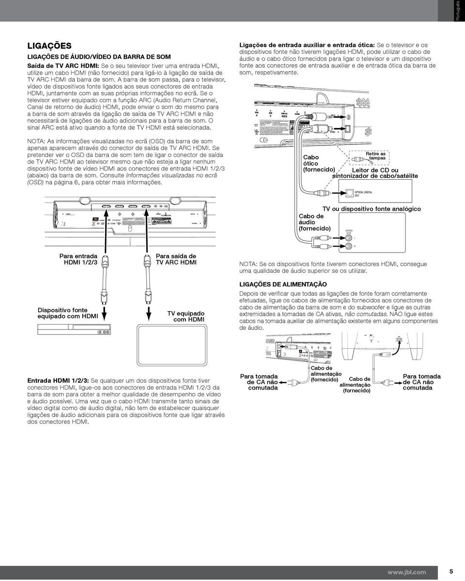 Se o televisor estiver equipado com a função ARC (Audio Return Channel, Canal de retorno de áudio) HDMI, pode enviar o som do mesmo para a barra de som através da ligação de saída de TV ARC HDMI e