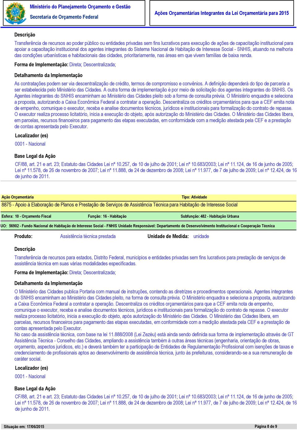 de baixa renda. Forma de Implementação: Direta; Descentralizada; As contratações podem ser via descentralização de crédito, termos de compromisso e convênios.