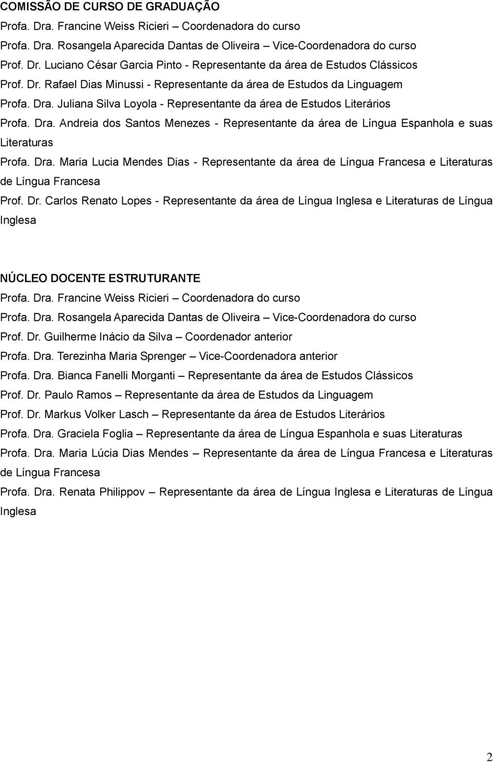 Dra. Maria Lucia Mendes Dias - Representante da área de Língua Francesa e Literaturas de Língua Francesa Prof. Dr.