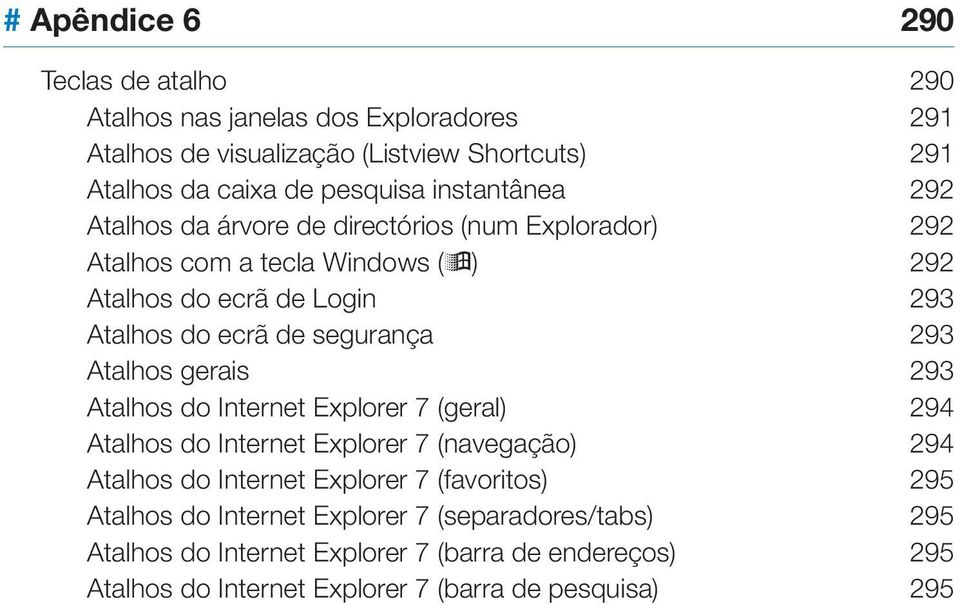 .. 292 Atalhos do ecrã de Login... 293 Atalhos do ecrã de segurança... 293 Atalhos gerais... 293 Atalhos do Internet Explorer 7 (geral).