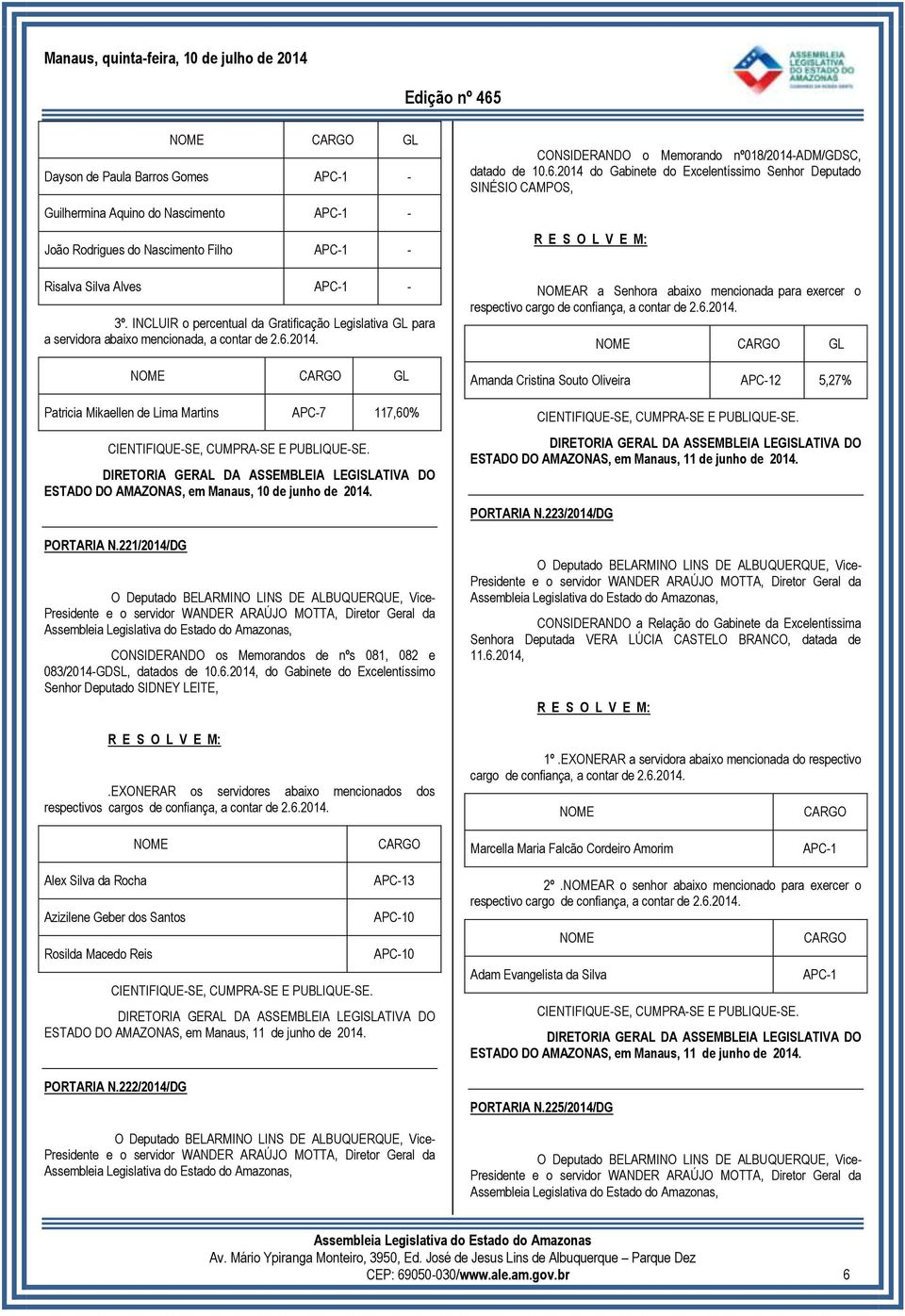 221/2014/DG CONSIDERANDO os Memorandos de nºs 081, 082 e 083/2014-GDSL, datados de 10.6.2014, do Gabinete do Excelentíssimo Senhor Deputado SIDNEY LEITE,.