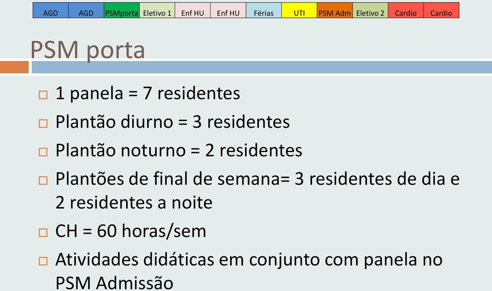 noturno = 2 residentes Plantões de final de semana= 3 residentes de dia e 2