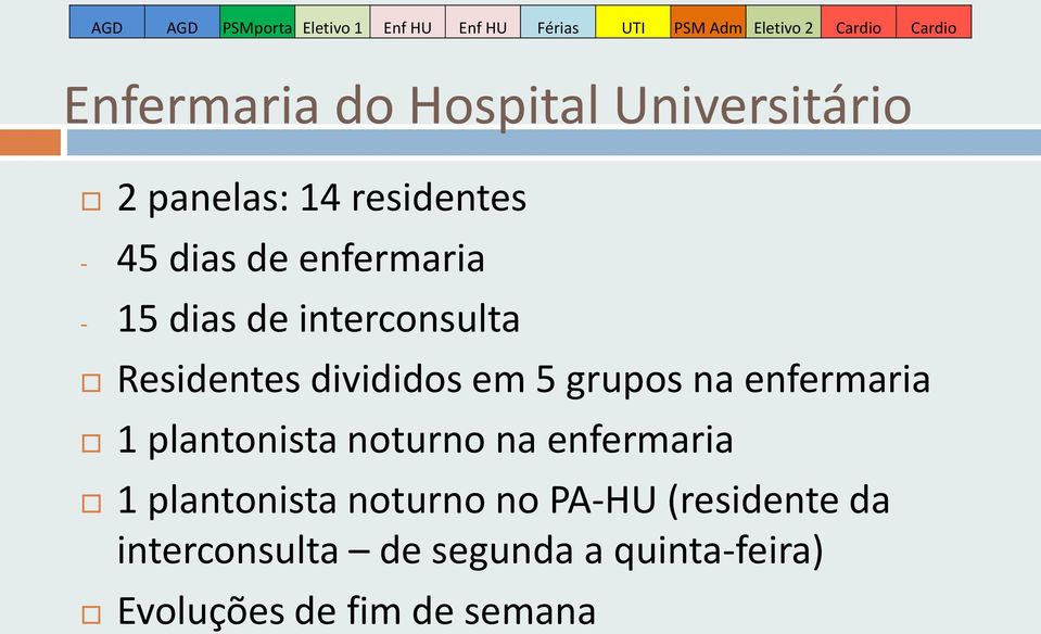 interconsulta Residentes divididos em 5 grupos na enfermaria 1 plantonista noturno na enfermaria