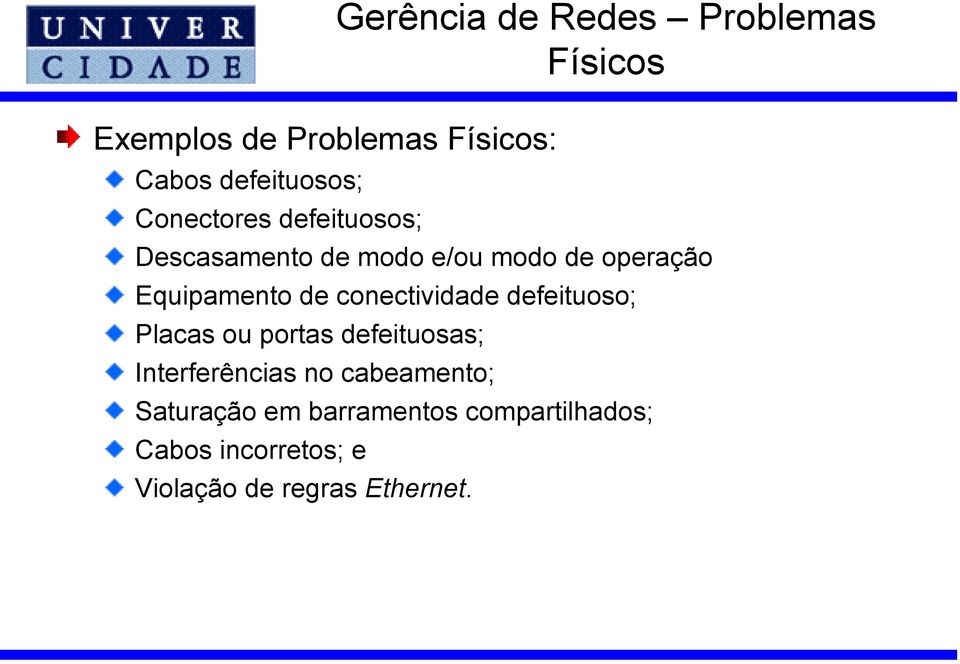 conectividade defeituoso; Placas ou portas defeituosas; Interferências no cabeamento;