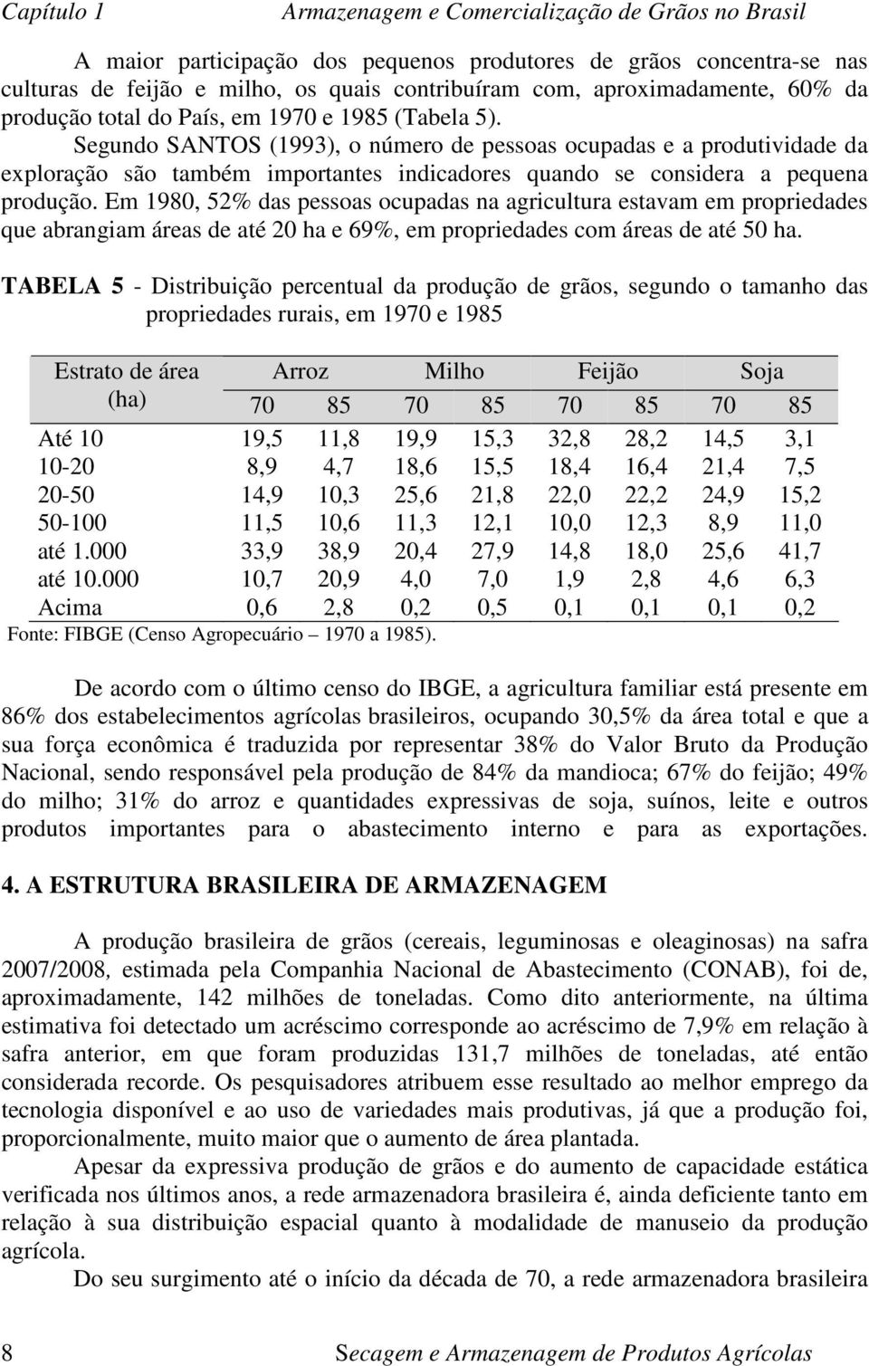 Em 1980, 52% das pessoas ocupadas na agricultura estavam em propriedades que abrangiam áreas de até 20 ha e 69%, em propriedades com áreas de até 50 ha.