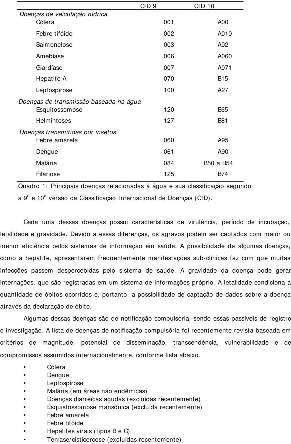 Principais doenças relacionadas à água e sua classificação segundo a 9 a e 10 a versão da Classificação Internacional de Doenças (CID).