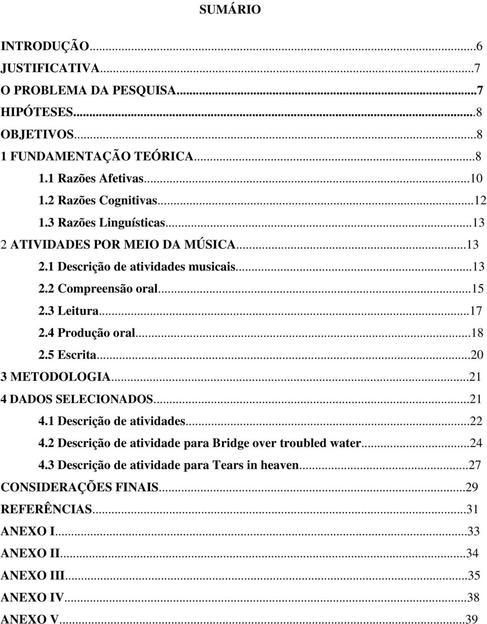 3 Leitura...17 2.4 Produção oral...18 2.5 Escrita...20 3 METODOLOGIA...21 4 DADOS SELECIONADOS...21 4.1 Descrição de atividades...22 4.