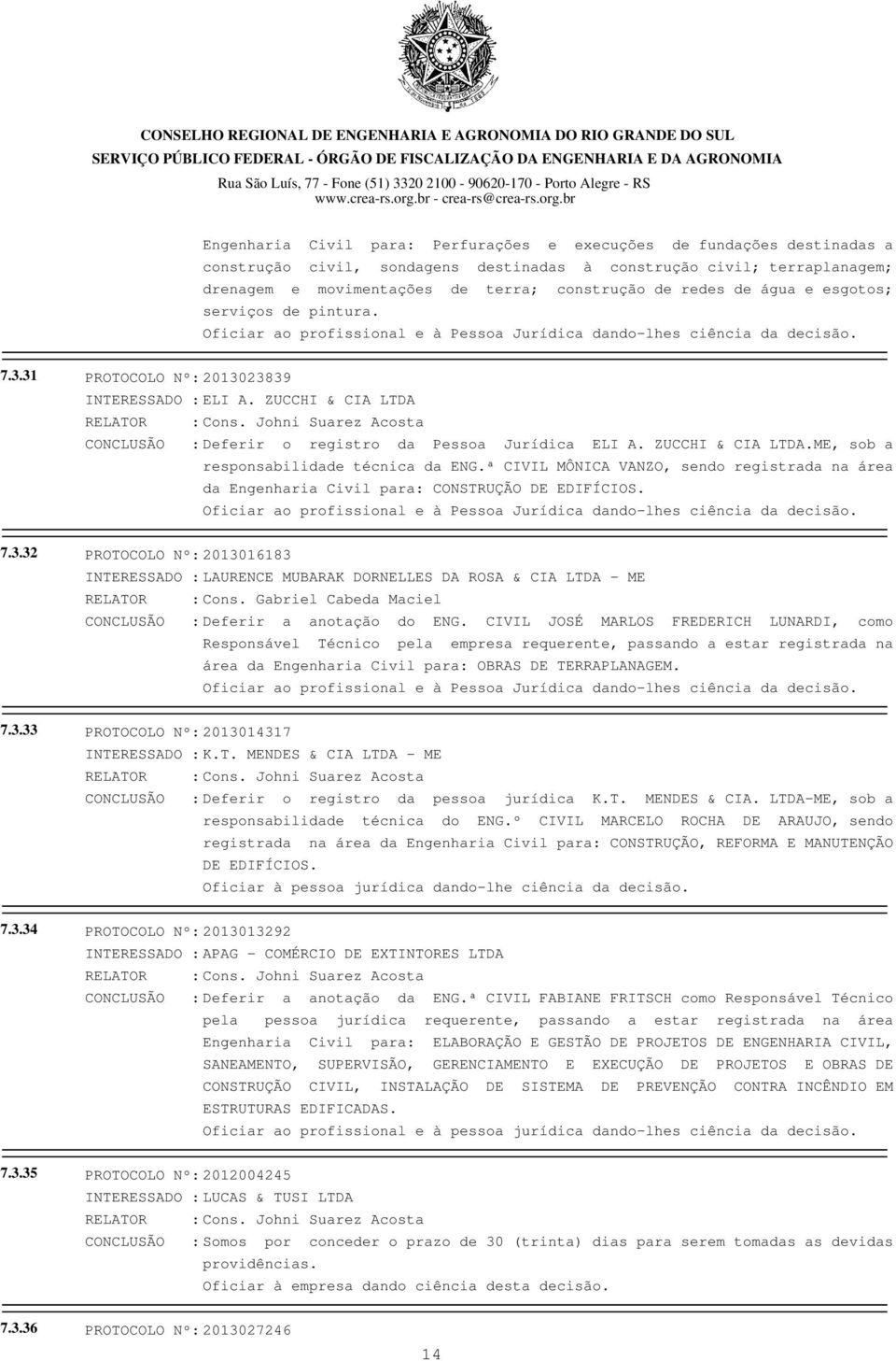 Johni Suarez Acosta CONCLUSÃO : Deferir o registro da Pessoa Jurídica ELI A. ZUCCHI & CIA LTDA.ME, sob a responsabilidade técnica da ENG.