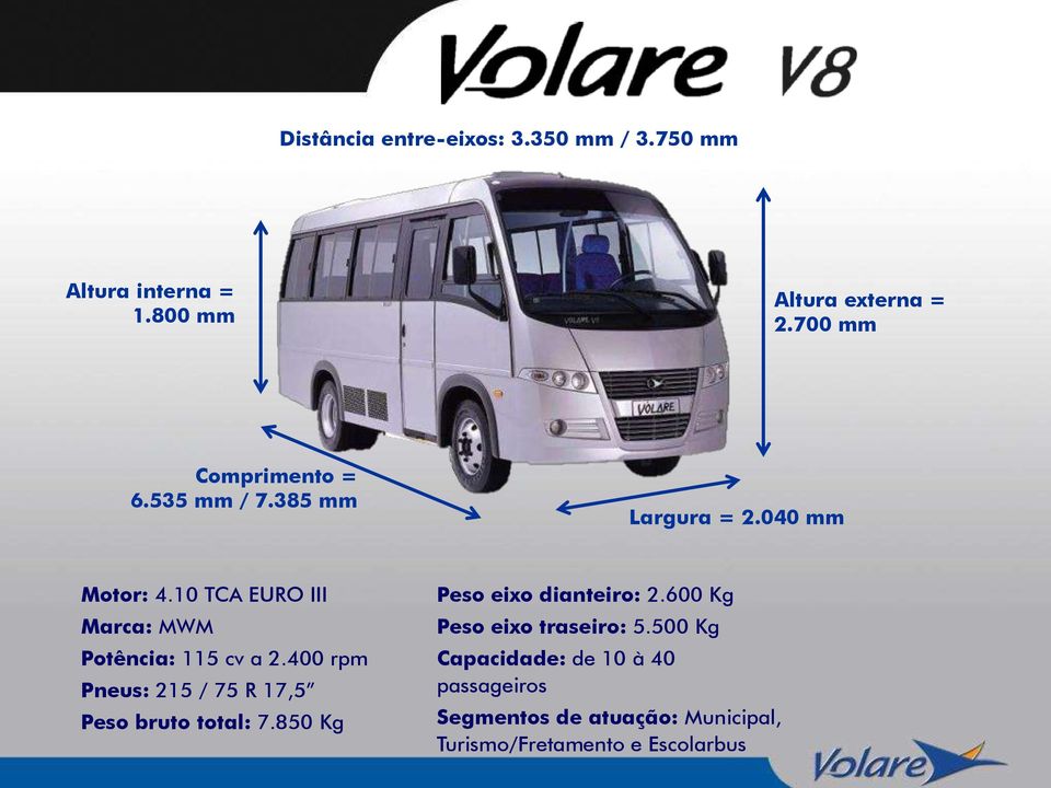 10 TCA EURO III Marca: MWM Potência: 115 cv a 2.400 rpm Pneus: 215 / 75 R 17,5 Peso bruto total: 7.