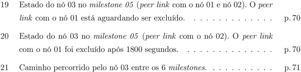 O peer link com o nó 01 foi excluído após 1800 segundos............... p. 70 21 Caminho percorrido pelo nó 03 entre os 6 milestones.