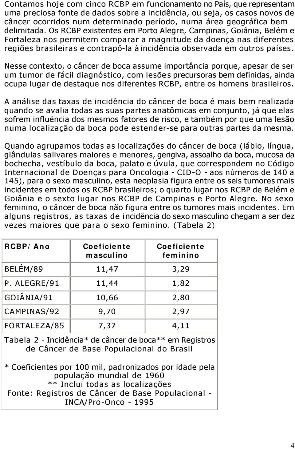 Os RCBP existentes em Porto Alegre, Campinas, Goiânia, Belém e Fortaleza nos permitem comparar a magnitude da doença nas diferentes regiões brasileiras e contrapô-la à incidência observada em outros