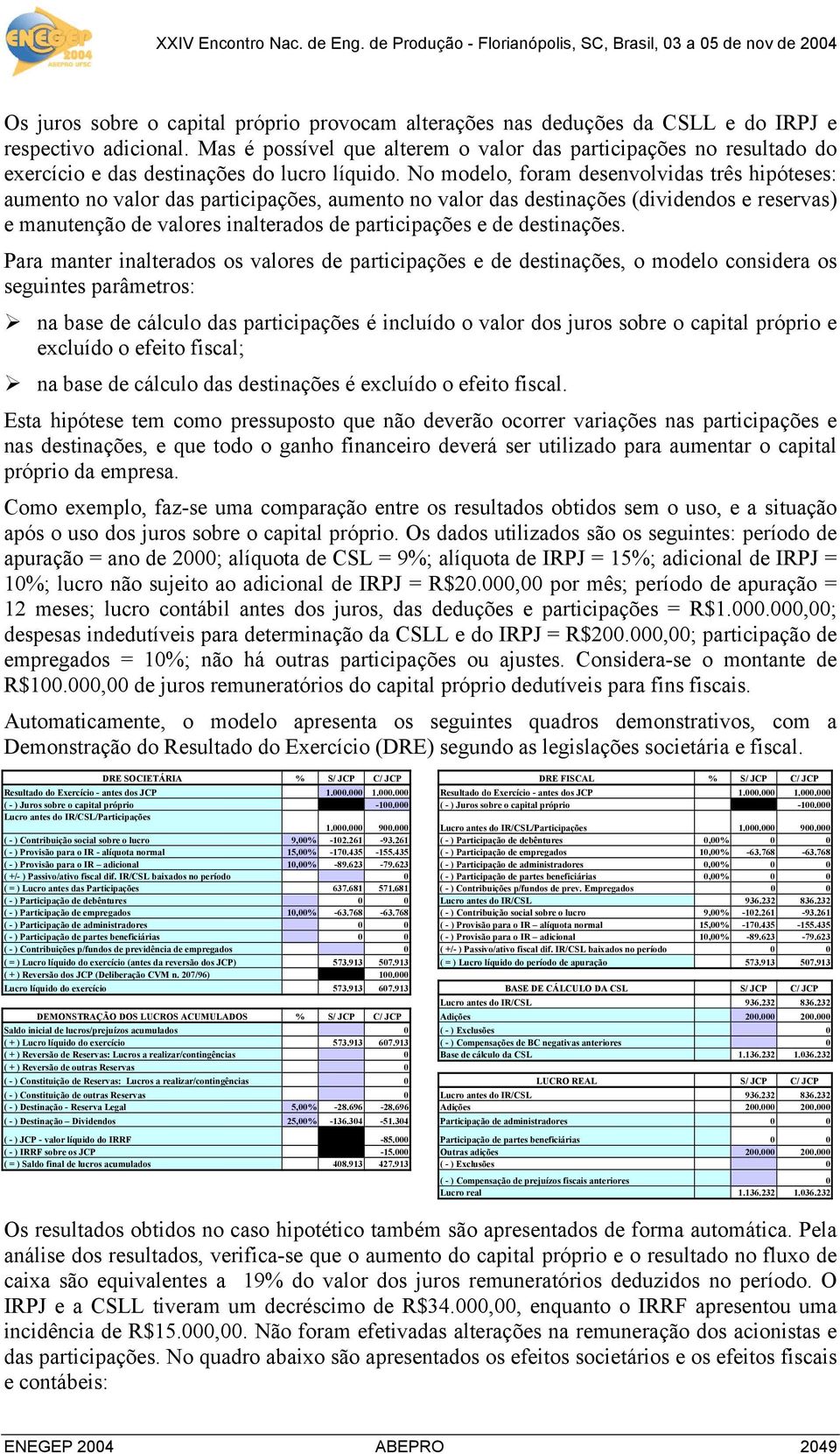 No modelo, foram desenvolvidas três hipóteses: aumento no valor das participações, aumento no valor das destinações (dividendos e reservas) e manutenção de valores inalterados de participações e de