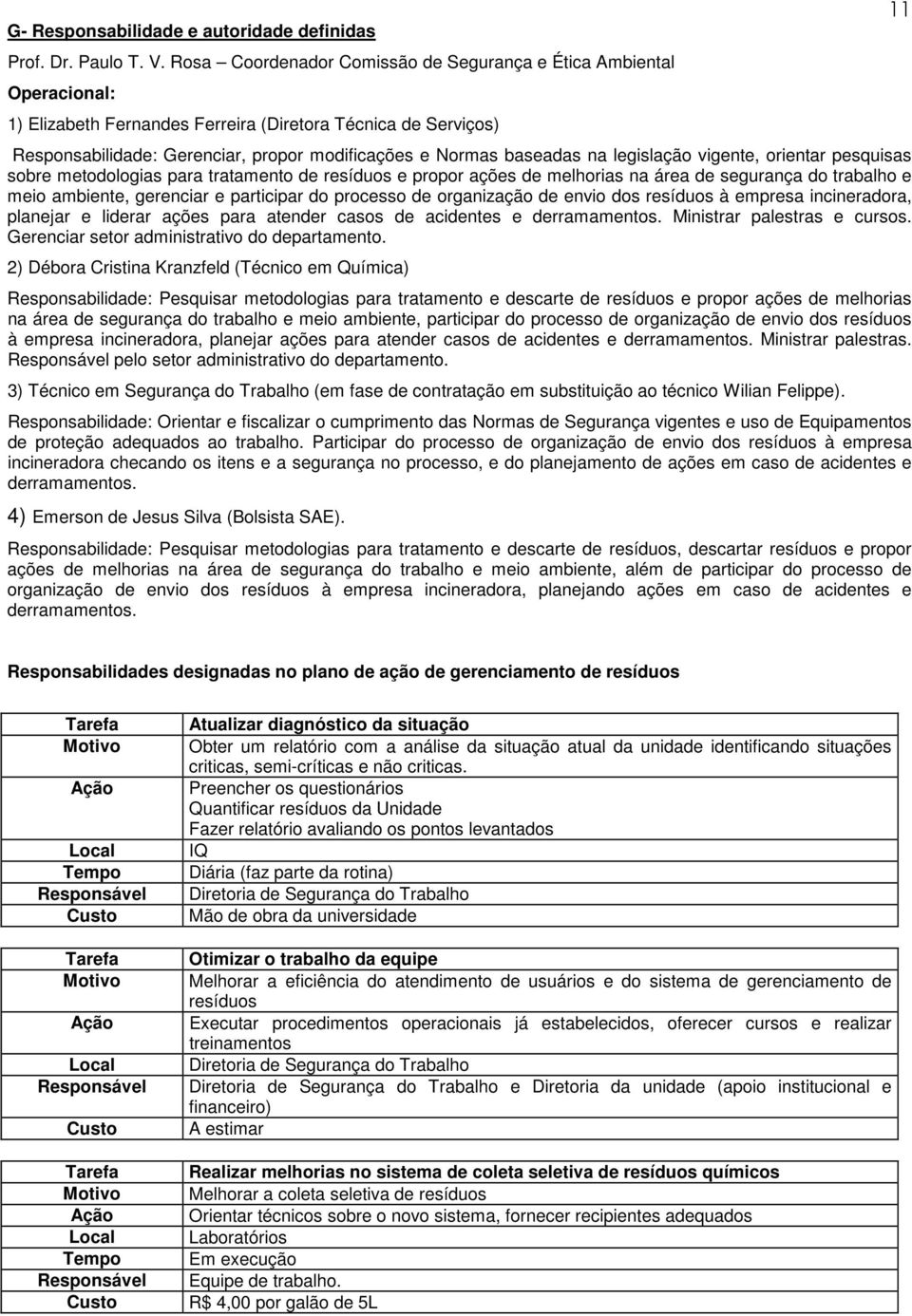 na legislação vigente, orientar pesquisas sobre metodologias para tratamento de resíduos e propor ações de melhorias na área de segurança do trabalho e meio ambiente, gerenciar e participar do