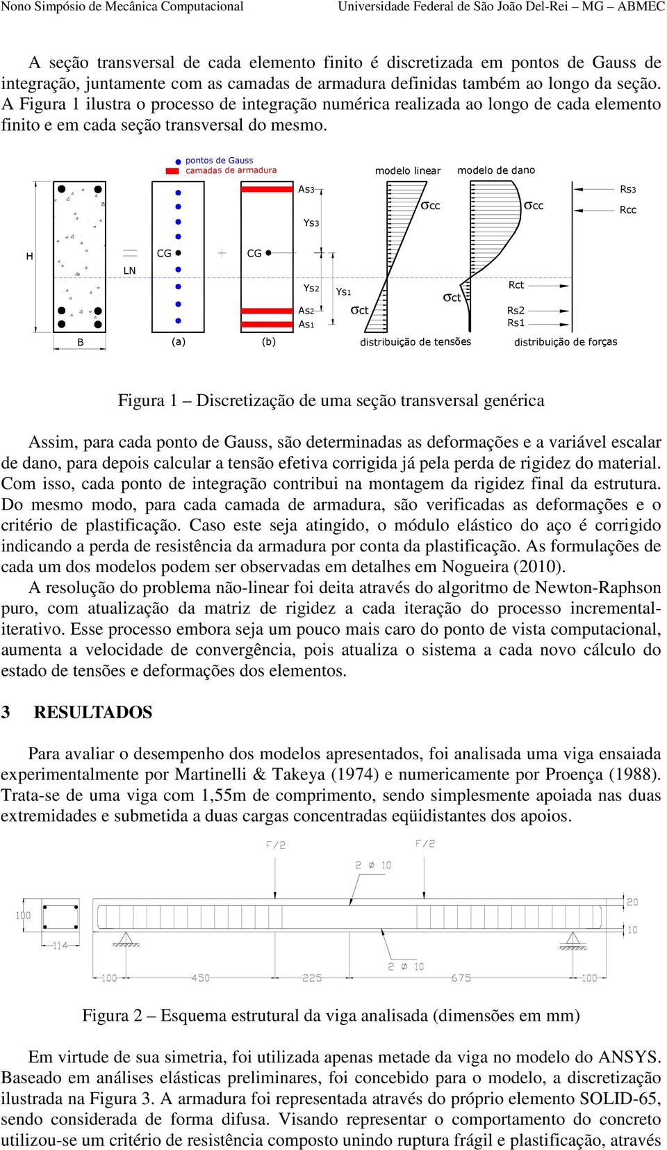 pontos de Gauss camadas de armadura modelo linear modelo de dano As3 Ys3 σcc σcc Rs3 Rcc H LN CG CG Ys2 As2 As1 Ys1 σct σct Rct Rs2 Rs1 B (a) (b) distribuição de tensões distribuição de forças Figura