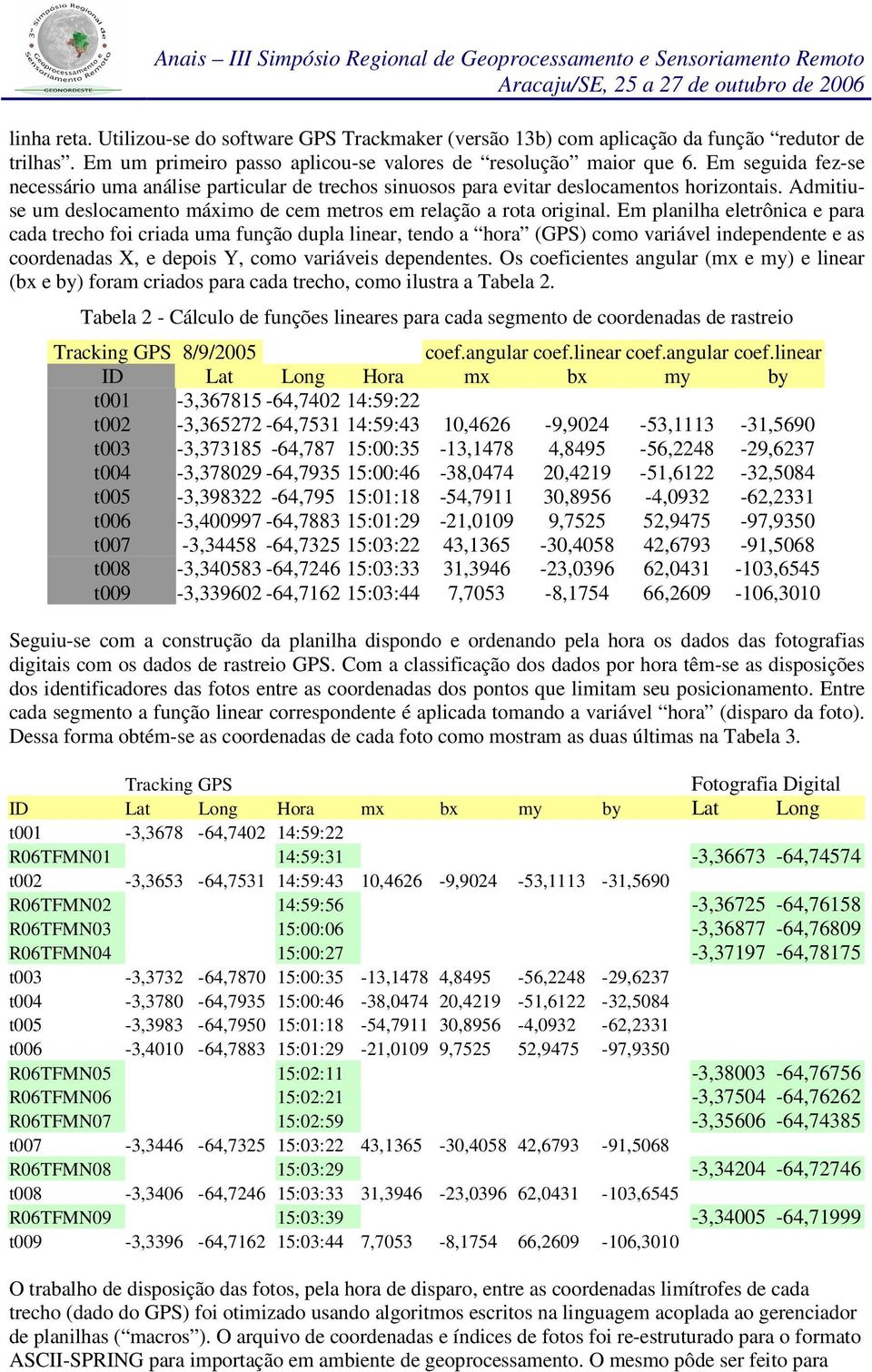 Em planilha eletrônica e para cada trecho foi criada uma função dupla linear, tendo a hora (GPS) como variável independente e as coordenadas X, e depois Y, como variáveis dependentes.