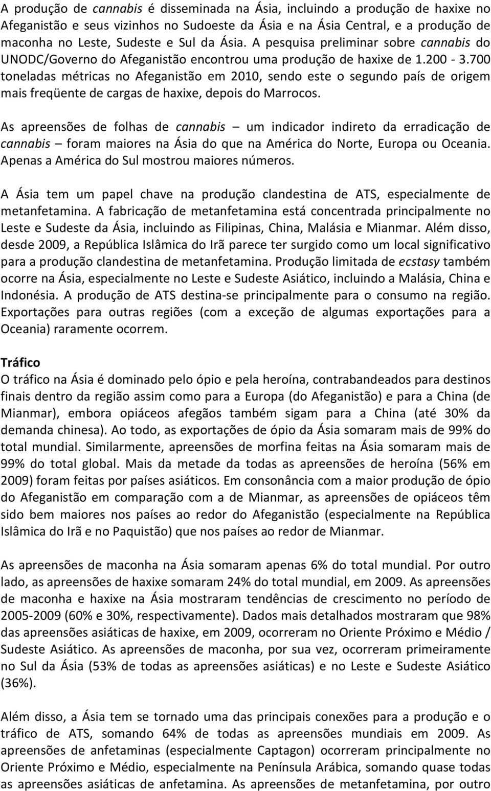 700 toneladas métricas no Afeganistão em 2010, sendo este o segundo país de origem mais freqüente de cargas de haxixe, depois do Marrocos.