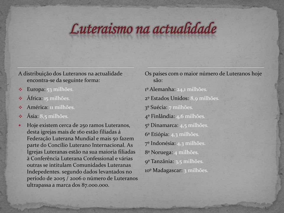 As Igrejas Luteranas estão na sua maioria filiadas à Conferência Luterana Confessional e várias outras se intitulam Comunidades Luteranas Indepedentes.