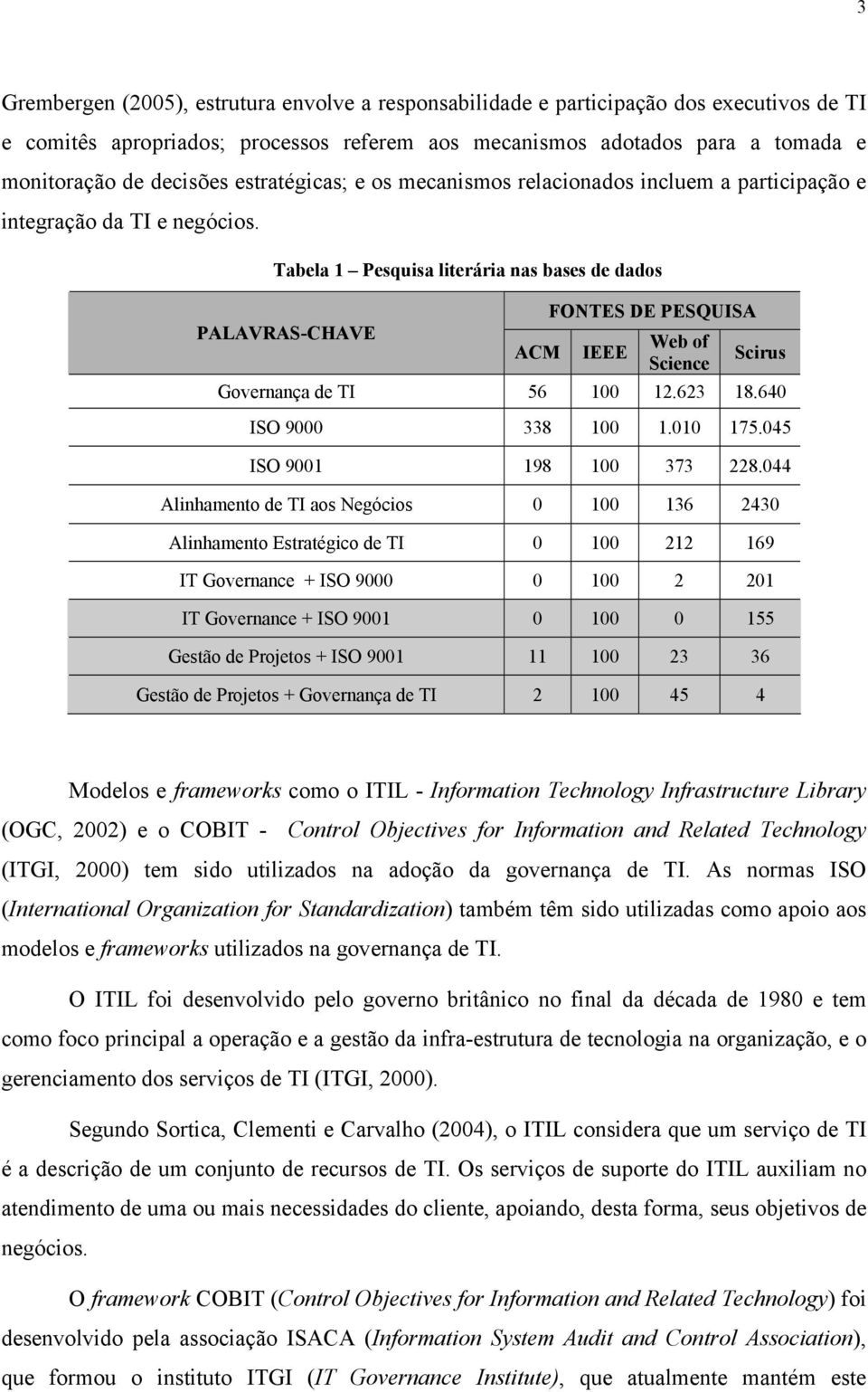 Tabela 1 Pesquisa literária nas bases de dados FONTES DE PESQUISA PALAVRAS-CHAVE Web of ACM IEEE Scirus Science Governança de TI 56 100 12.623 18.640 ISO 9000 338 100 1.010 175.