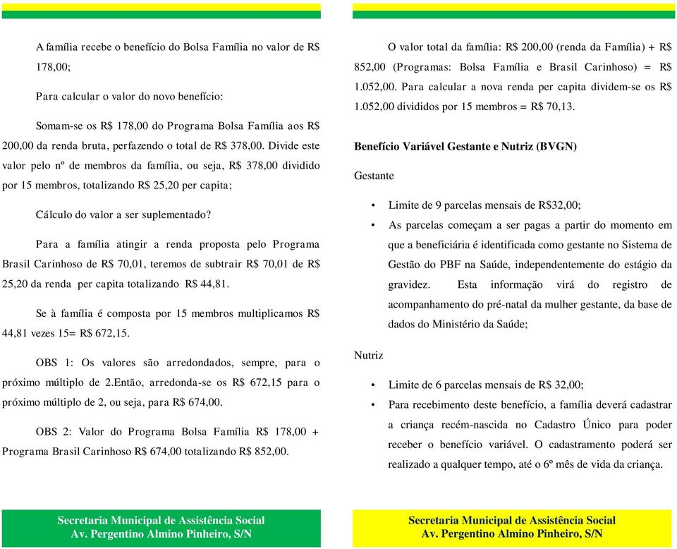 Para a família atingir a renda proposta pelo Programa Brasil Carinhoso de R$ 70,01, teremos de subtrair R$ 70,01 de R$ 25,20 da renda per capita totalizando R$ 44,81.