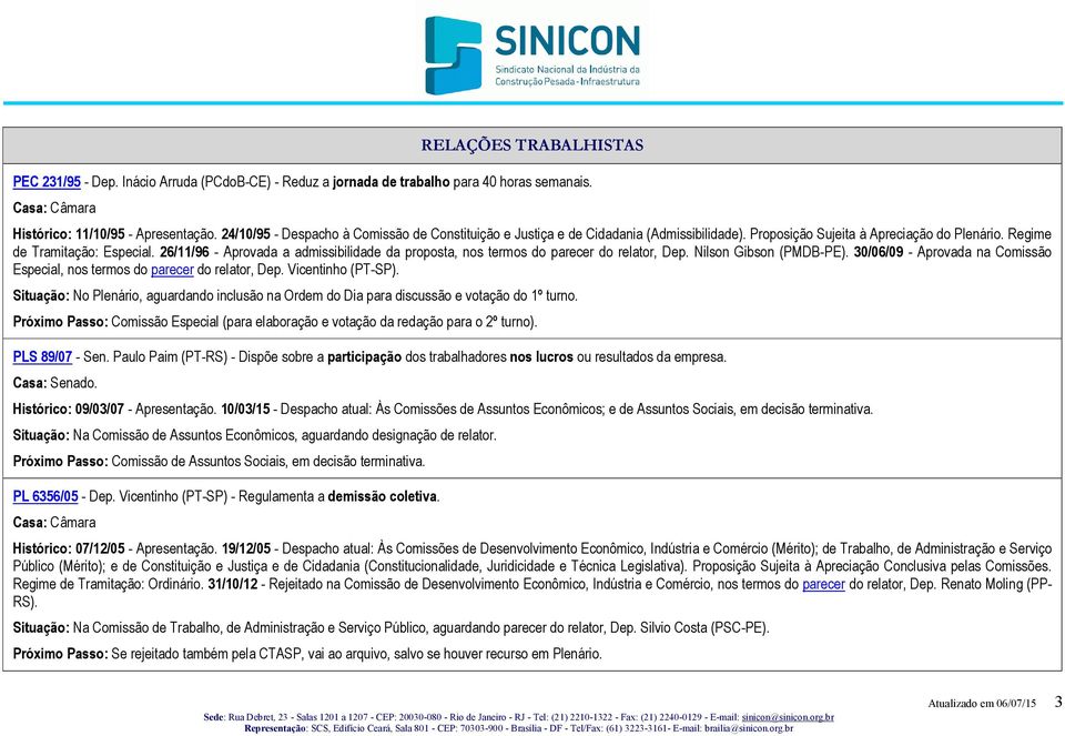 26/11/96 - Aprovada a admissibilidade da proposta, nos termos do parecer do relator, Dep. Nilson Gibson (PMDB-PE). 30/06/09 - Aprovada na Comissão Especial, nos termos do parecer do relator, Dep.