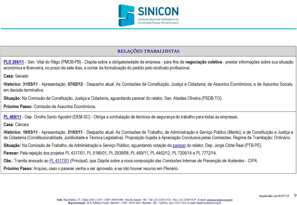 da formalização do pedido pelo sindicato profissional. Histórico: 31/05/11 - Apresentação.