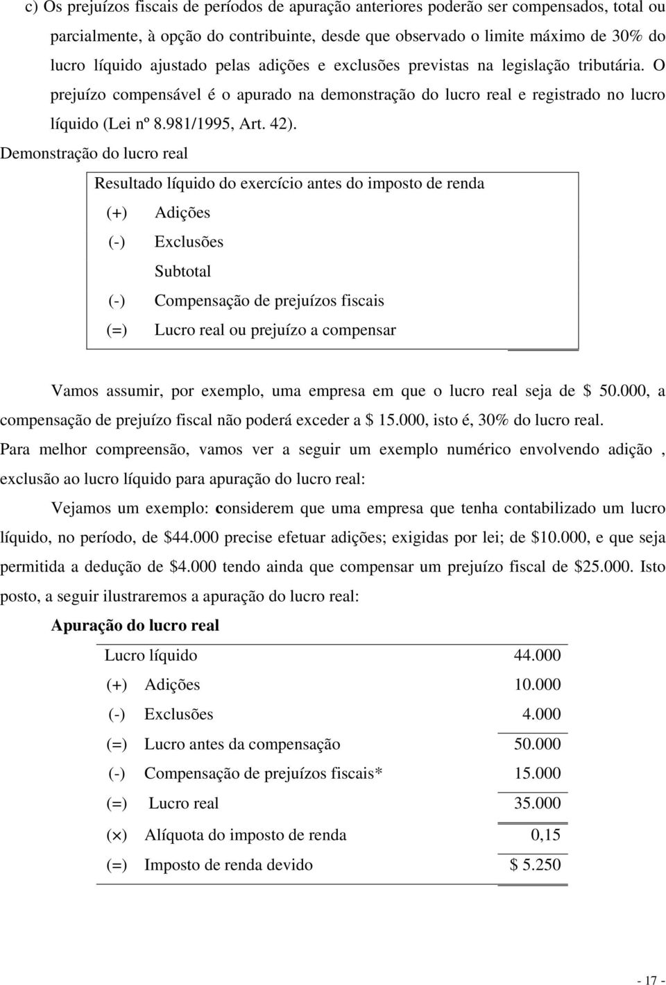 Demonstração do lucro real Resultado líquido do exercício antes do imposto de renda (+) Adições (-) Exclusões Subtotal (-) Compensação de prejuízos fiscais (=) Lucro real ou prejuízo a compensar