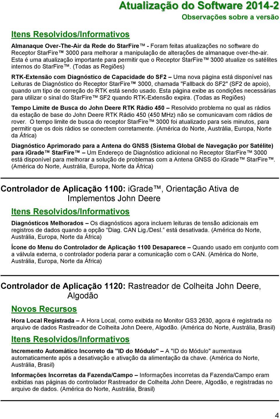 (Todas as Regiões) RTK-Extensão com Diagnóstico de Capacidade do SF2 Uma nova página está disponível nas Leituras de Diagnóstico do Receptor StarFire 3000, chamada "Fallback do SF2" (SF2 de apoio),