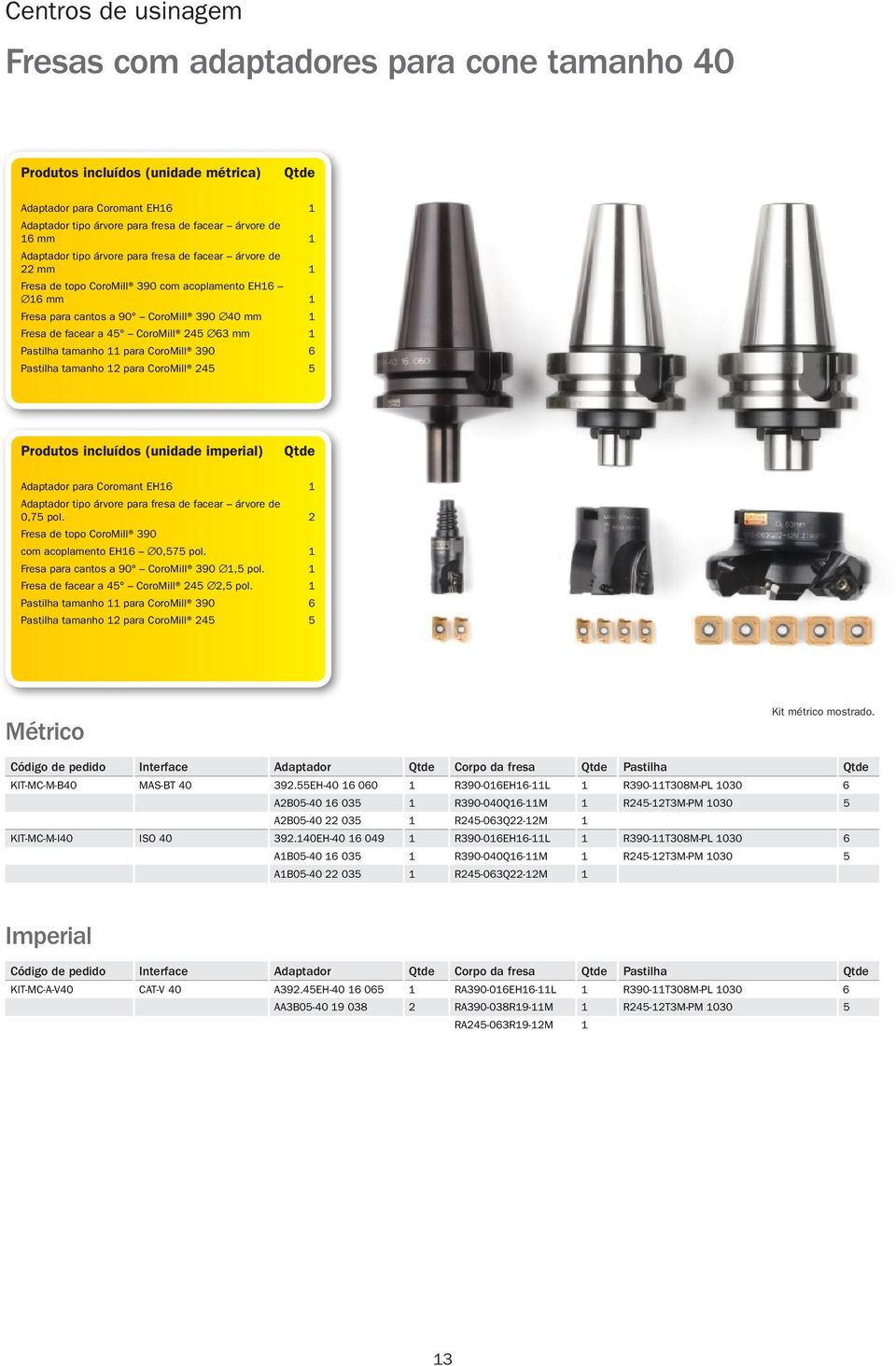 11 para CoroMill 390 6 Pastilha tamanho 12 para CoroMill 245 5 (unidade imperial) Adaptador para Coromant EH16 1 Adaptador tipo árvore para fresa de facear árvore de 0,75 pol.