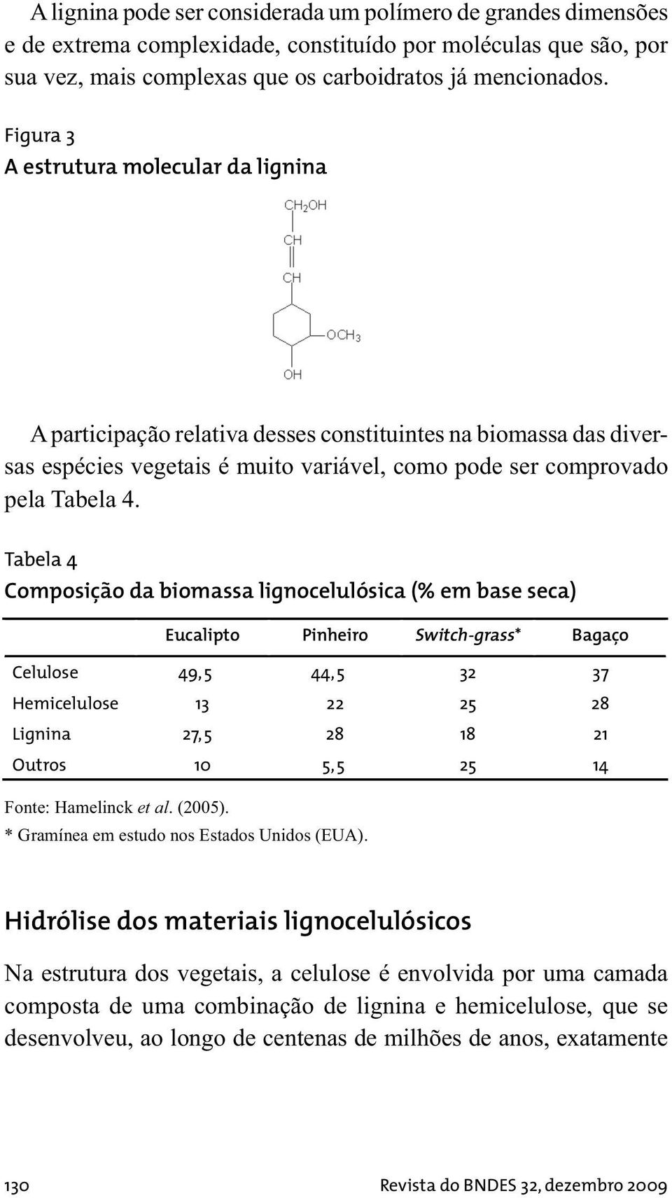 Tabela 4 Composição da biomassa lignocelulósica (% em base seca) Eucalipto Pinheiro Switch-grass* Bagaço Celulose 49,5 44,5 32 37 Hemicelulose 13 22 25 28 Lignina 27,5 28 18 21 Outros 10 5,5 25 14
