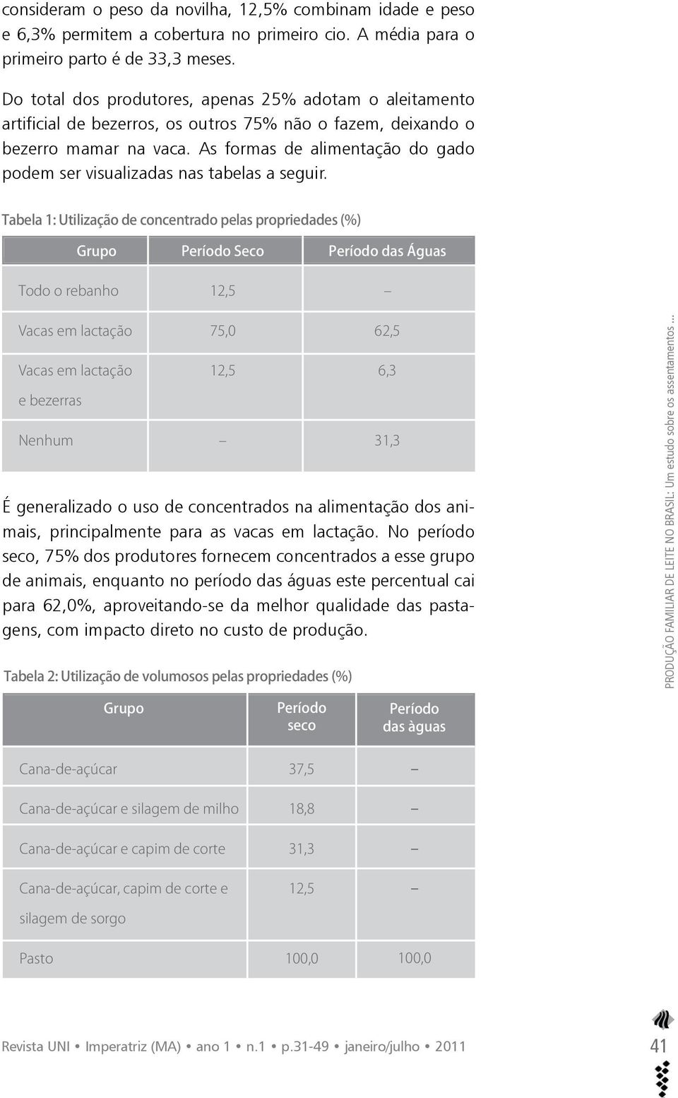 As formas de alimentação do gado podem ser visualizadas nas tabelas a seguir.