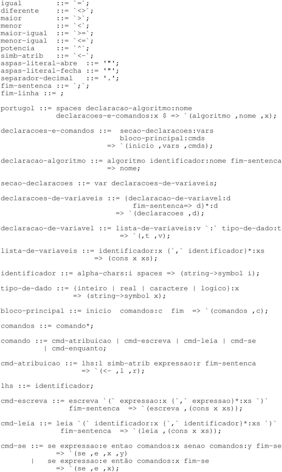 '; fim-sentenca ::= `;`; fim-linha ::= ; portugol ::= spaces declaracao-algoritmo:nome declaracoes-e-comandos:x $ => `(algoritmo,nome,x); declaracoes-e-comandos ::= secao-declaracoes:vars