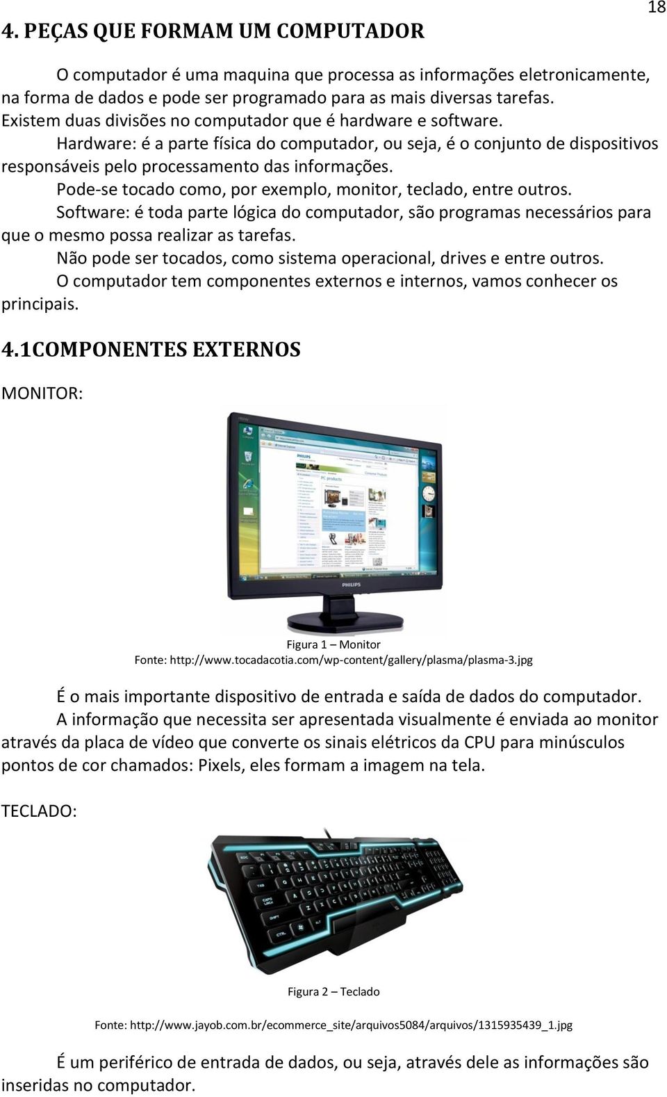 Pode-se tocado como, por exemplo, monitor, teclado, entre outros. Software: é toda parte lógica do computador, são programas necessários para que o mesmo possa realizar as tarefas.