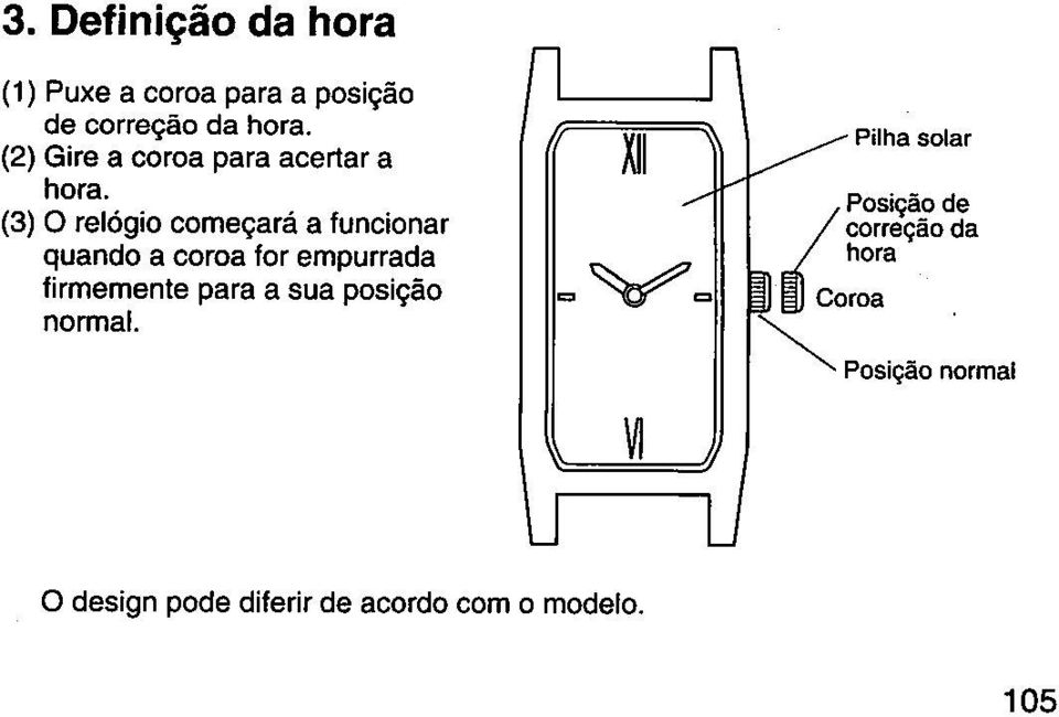 (3) O relógio começará a funcionar quando a coroa for empurrada firmemente