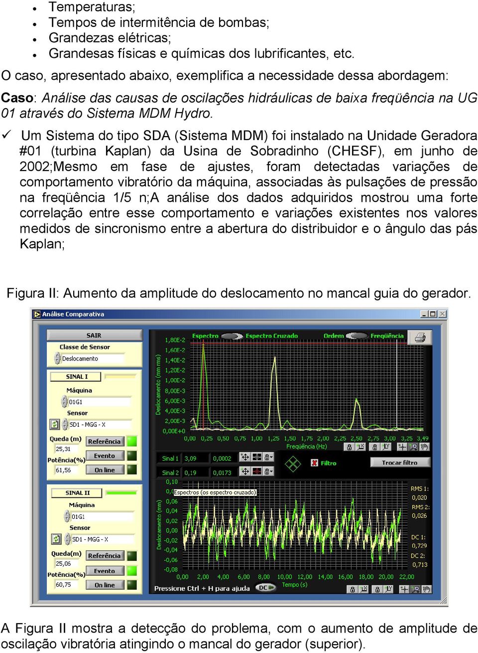 Um Sistema do tipo SDA (Sistema MDM) foi instalado na Unidade Geradora #01 (turbina Kaplan) da Usina de Sobradinho (CHESF), em junho de 2002;Mesmo em fase de ajustes, foram detectadas variações de