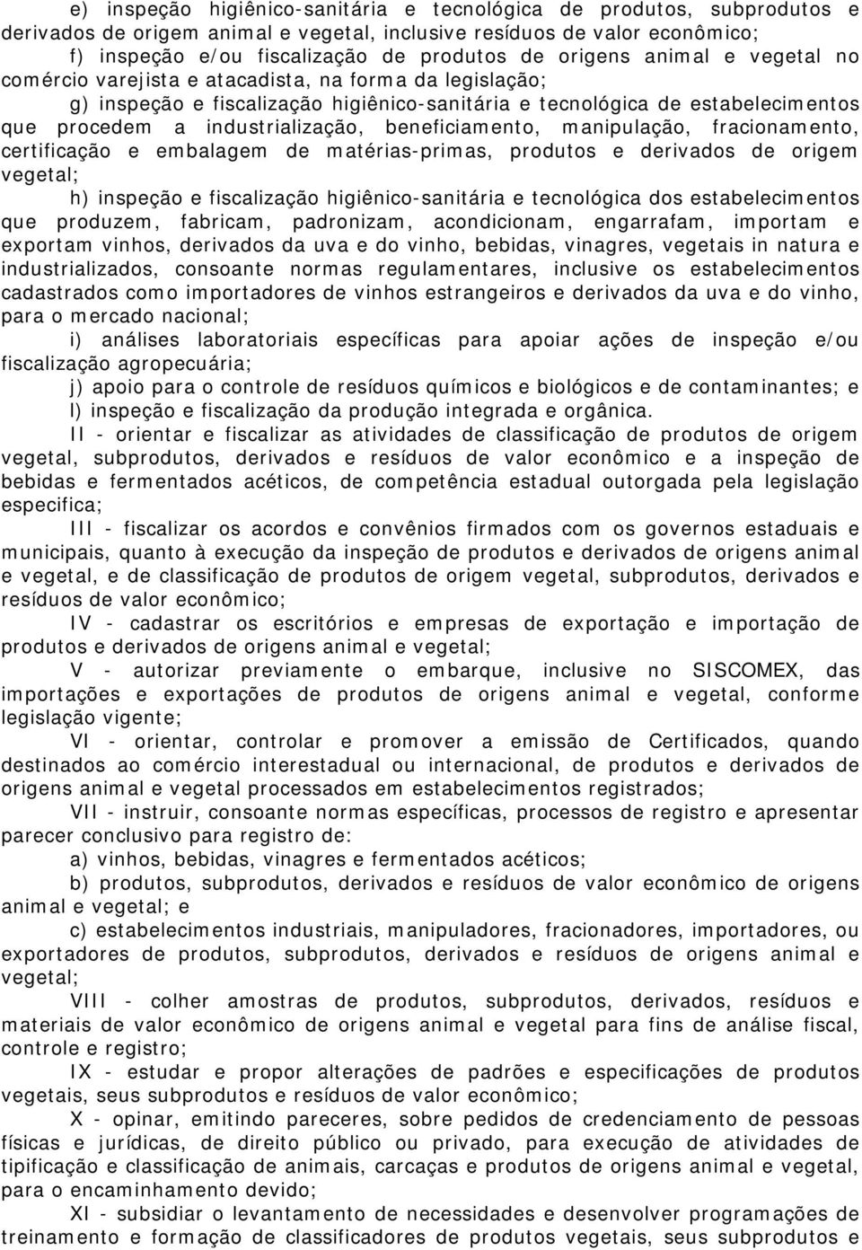 beneficiamento, manipulação, fracionamento, certificação e embalagem de matérias-primas, produtos e derivados de origem vegetal; h) inspeção e fiscalização higiênico-sanitária e tecnológica dos