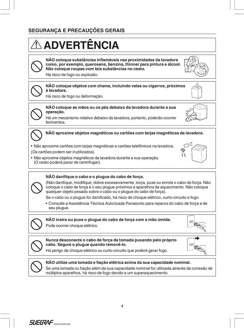 NÃO coloque as mãos ou os pés debaixo da lavadora durante a sua operação. Há um mecanismo rotativo debaixo da lavadora, portanto, poderão ocorrer ferimentos.