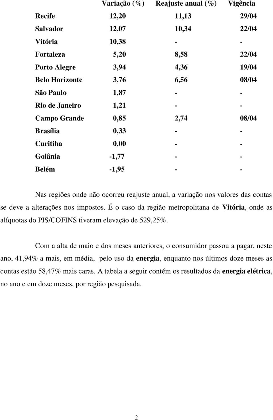 nos valores das contas se deve a alterações nos impostos. É o caso da região metropolitana de Vitória, onde as alíquotas do PIS/COFINS tiveram elevação de 529,25%.