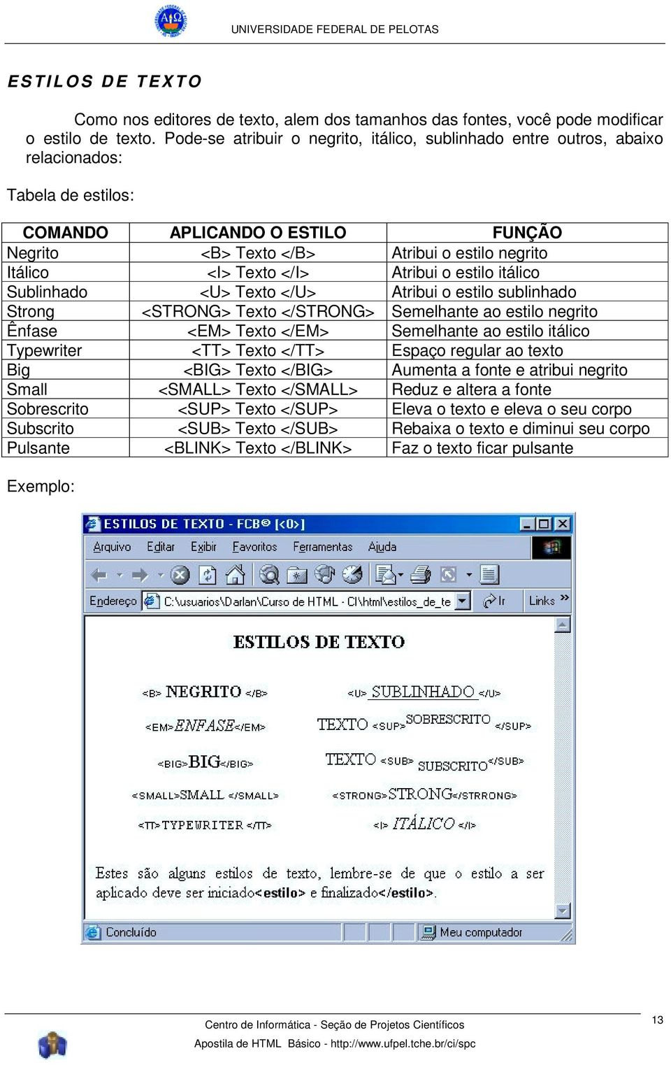 Texto </I> Atribui o estilo itálico Sublinhado <U> Texto </U> Atribui o estilo sublinhado Strong <STRONG> Texto </STRONG> Semelhante ao estilo negrito Ênfase <EM> Texto </EM> Semelhante ao estilo