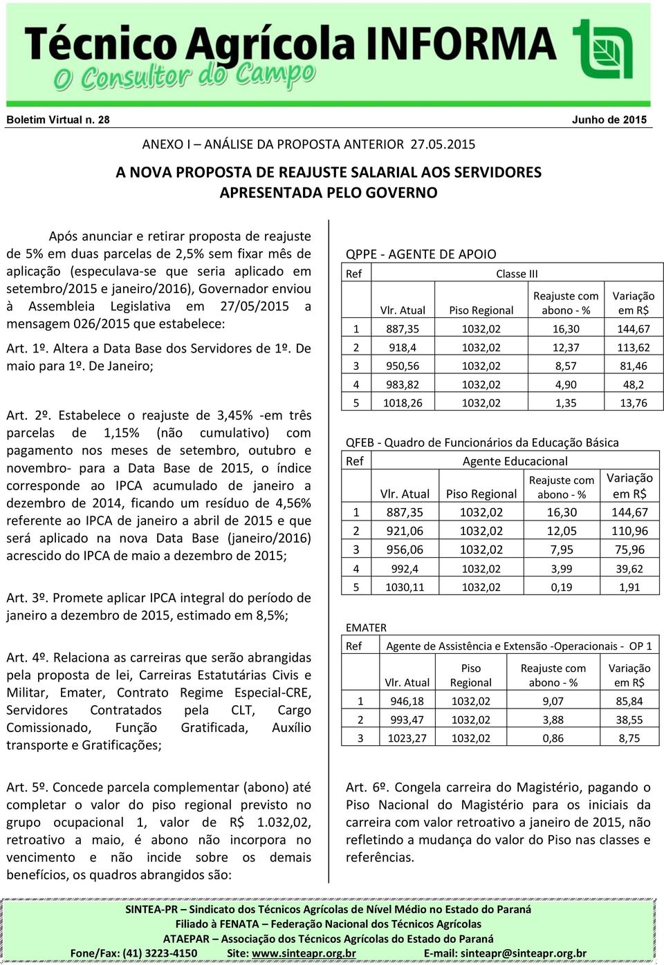 que seria aplicado em setembro/2015 e janeiro/2016), Governador enviou à Assembleia Legislativa em 27/05/2015 a mensagem 026/2015 que estabelece: Art. 1º. Altera a Data Base dos Servidores de 1º.