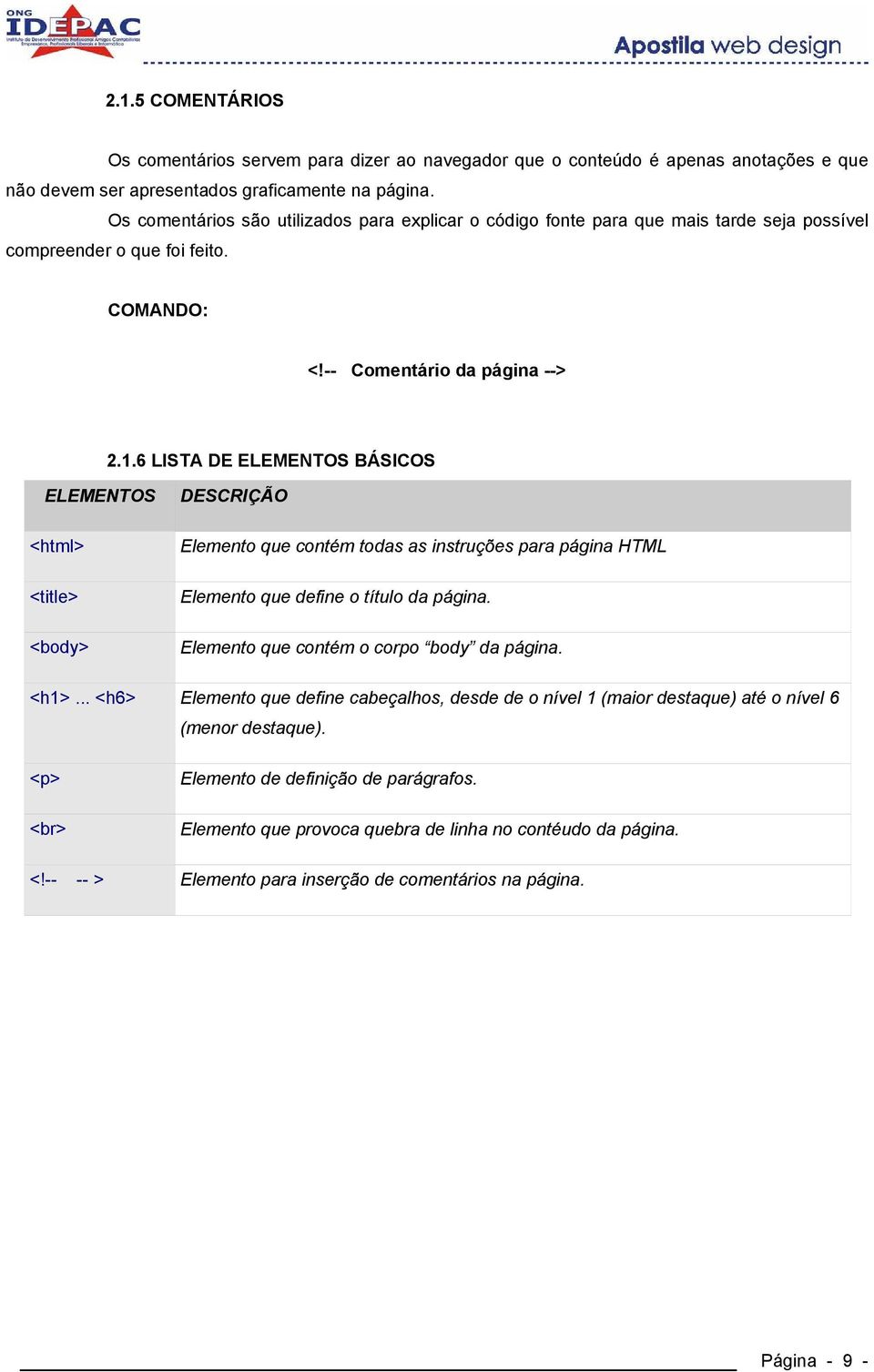 6 LISTA DE ELEMENTOS BÁSICOS ELEMENTOS <html> <title> <body> DESCRIÇÃO Elemento que contém todas as instruções para página HTML Elemento que define o título da página.