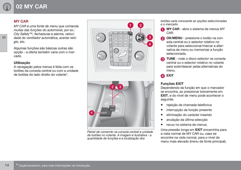 Utilização A navegação pelos menus é feita com os botões da consola central ou com a unidade de botões do lado direito do volante*. botões varia consoante as opções seleccionadas e o mercado.