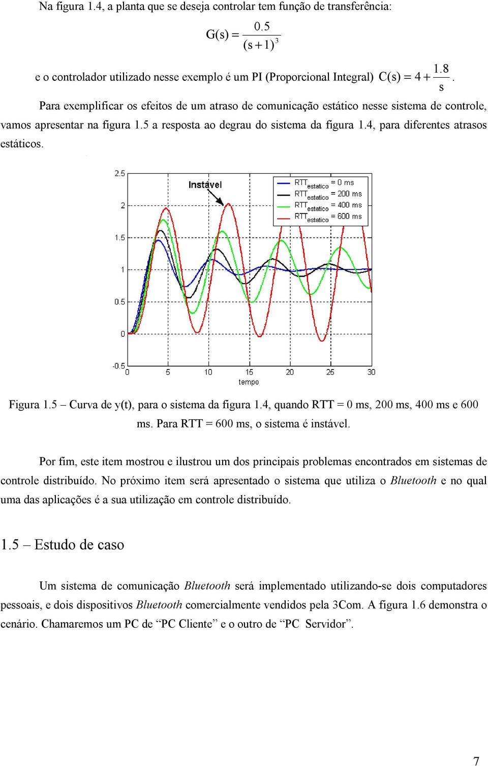 4, para diferentes atrasos estáticos. 3 Figura 1.5 Curva de y(t), para o sistema da figura 1.4, quando RTT = 0 ms, 200 ms, 400 ms e 600 ms. Para RTT = 600 ms, o sistema é instável.