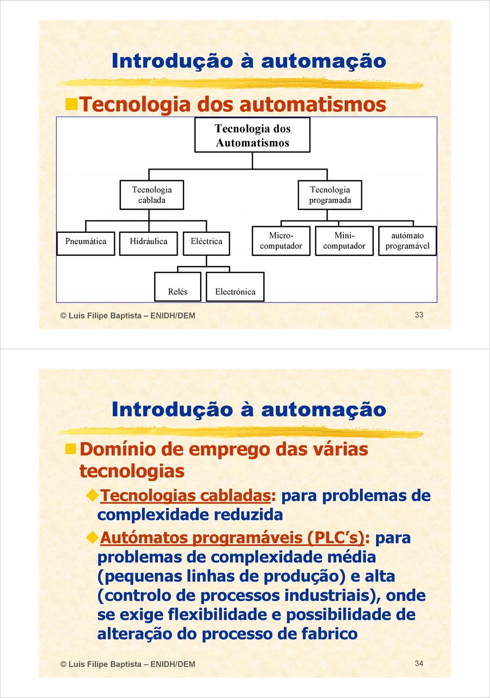 Tecnologias cabladas: para problemas de complexidade reduzida Autómatos programáveis (PLC s): para problemas de complexidade média (pequenas linhas de