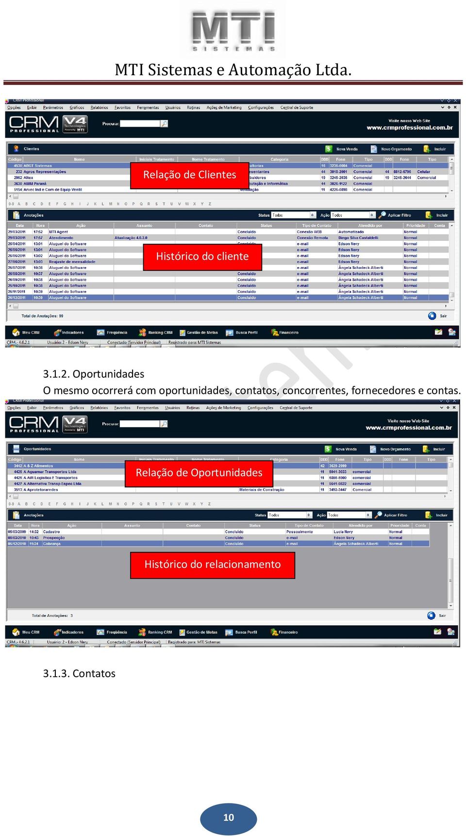 contatos, concorrentes, fornecedores e contas.