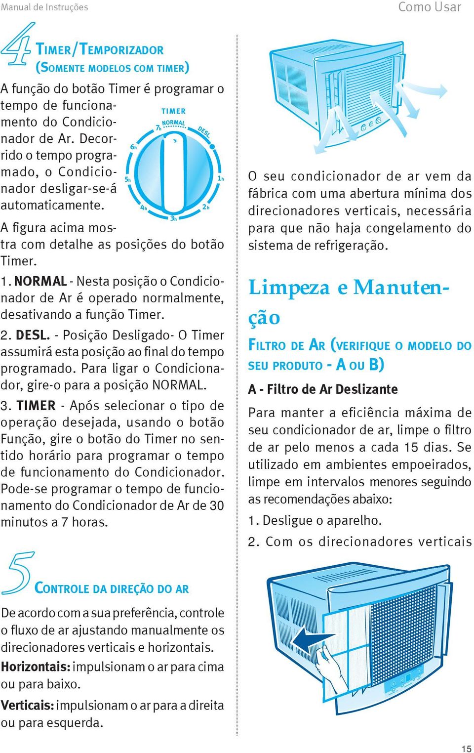 NORMAL - Nesta posição o Condicionador de Ar é operado normalmente, desativando a função Timer. 2. DESL. - Posição Desligado- O Timer assumirá esta posição ao final do tempo programado.