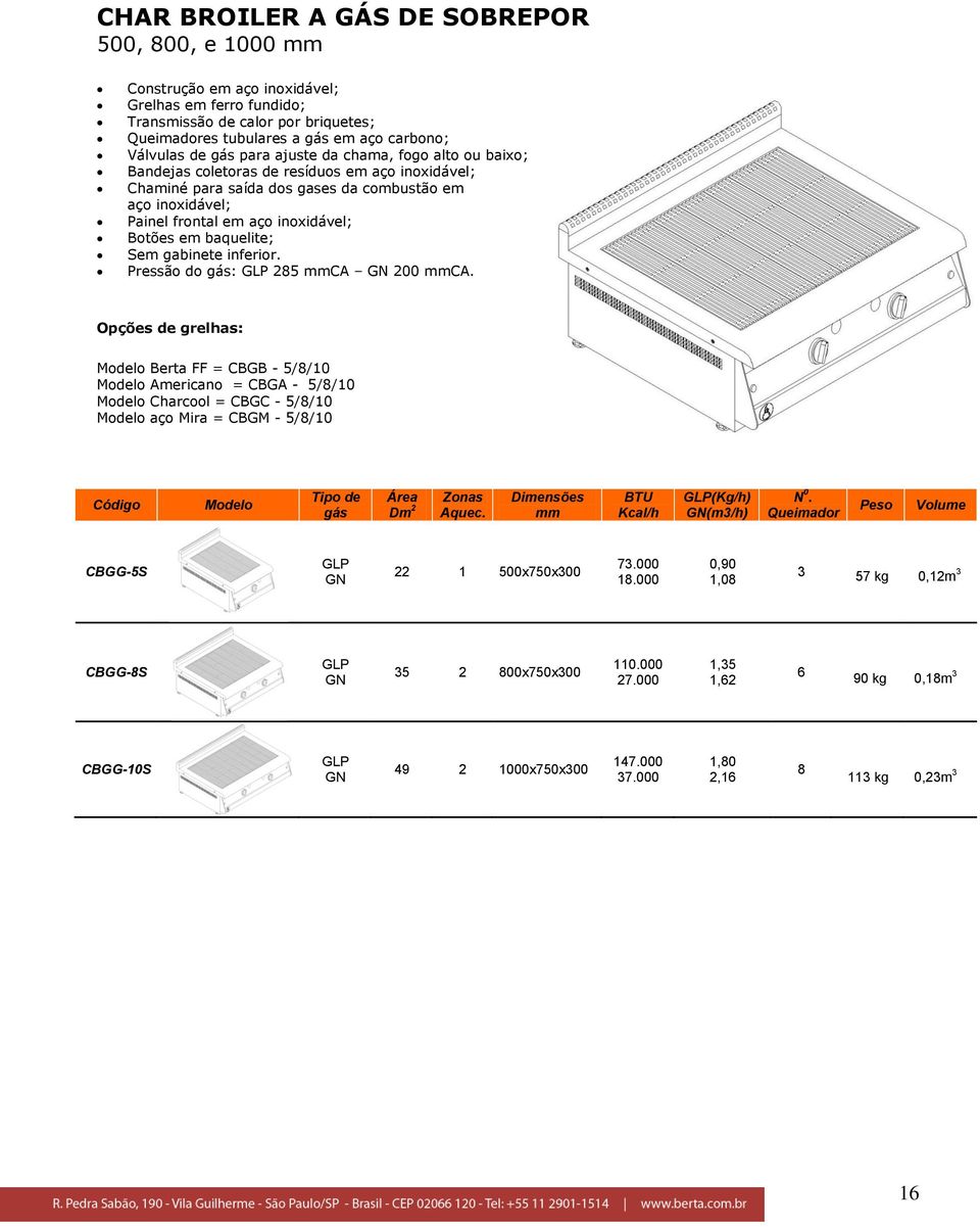 Opções de grelhas: Modelo Berta FF = CBGB - 5/8/10 Modelo Americano = CBGA - 5/8/10 Modelo Charcool = CBGC - 5/8/10 Modelo aço Mira = CBGM - 5/8/10 Código Modelo Tipo de gás Área Dm 2 Zonas Aquec.