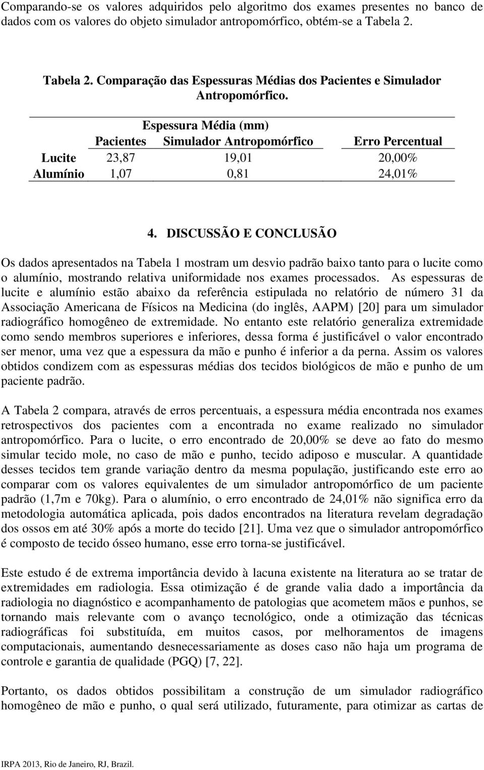 Espessura Média (mm) Pacientes Simulador Antropomórfico Erro Percentual Lucite 23,87 19,01 20,00% Alumínio 1,07 0,81 24,01% 4.