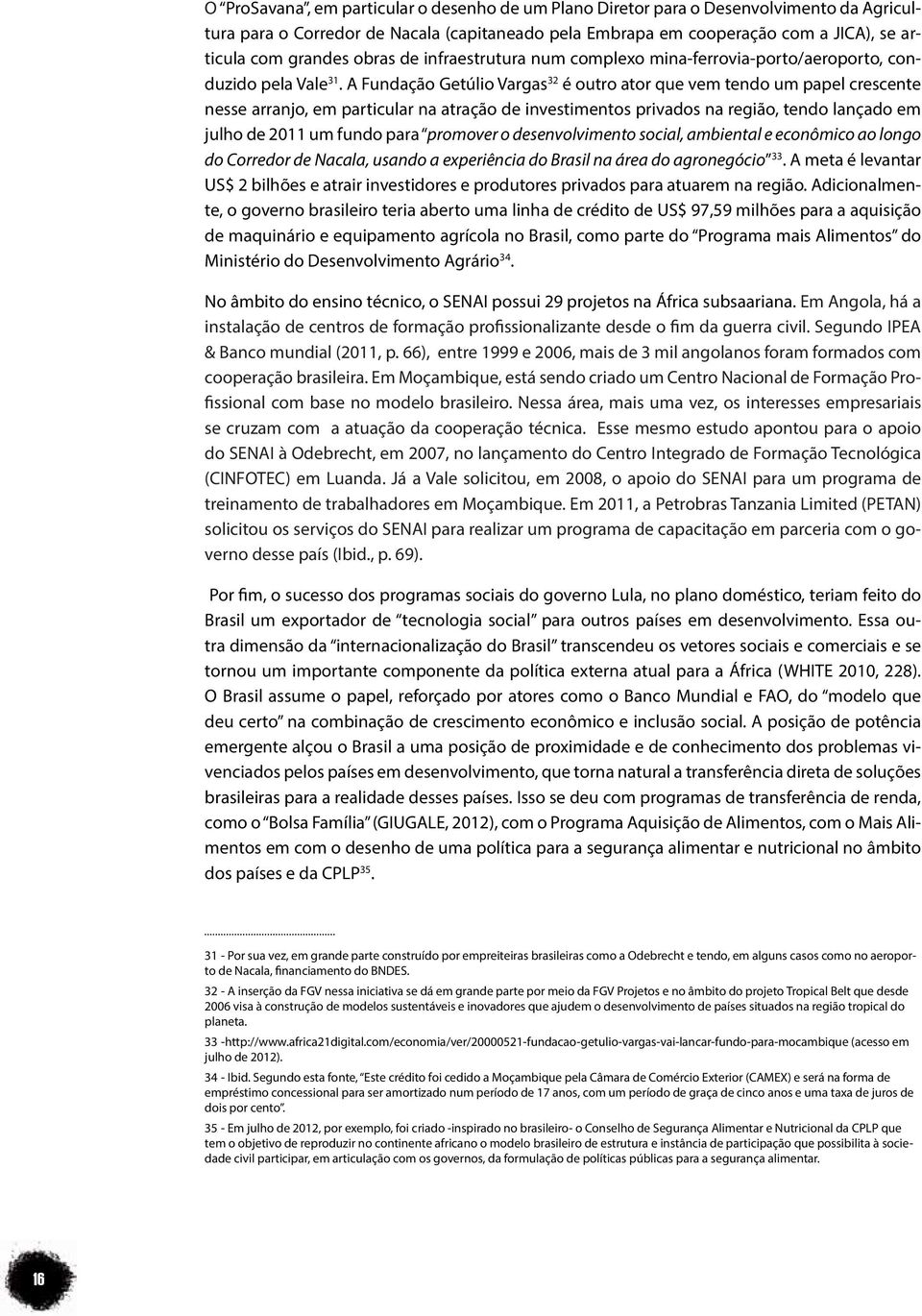 A Fundação Getúlio Vargas 32 é outro ator que vem tendo um papel crescente nesse arranjo, em particular na atração de investimentos privados na região, tendo lançado em julho de 2011 um fundo para